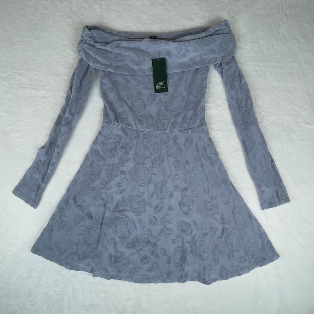 Wild Fable Fit & Flare Holiday Dress Womens XS Blue Jacquard Floral Off Shoulder